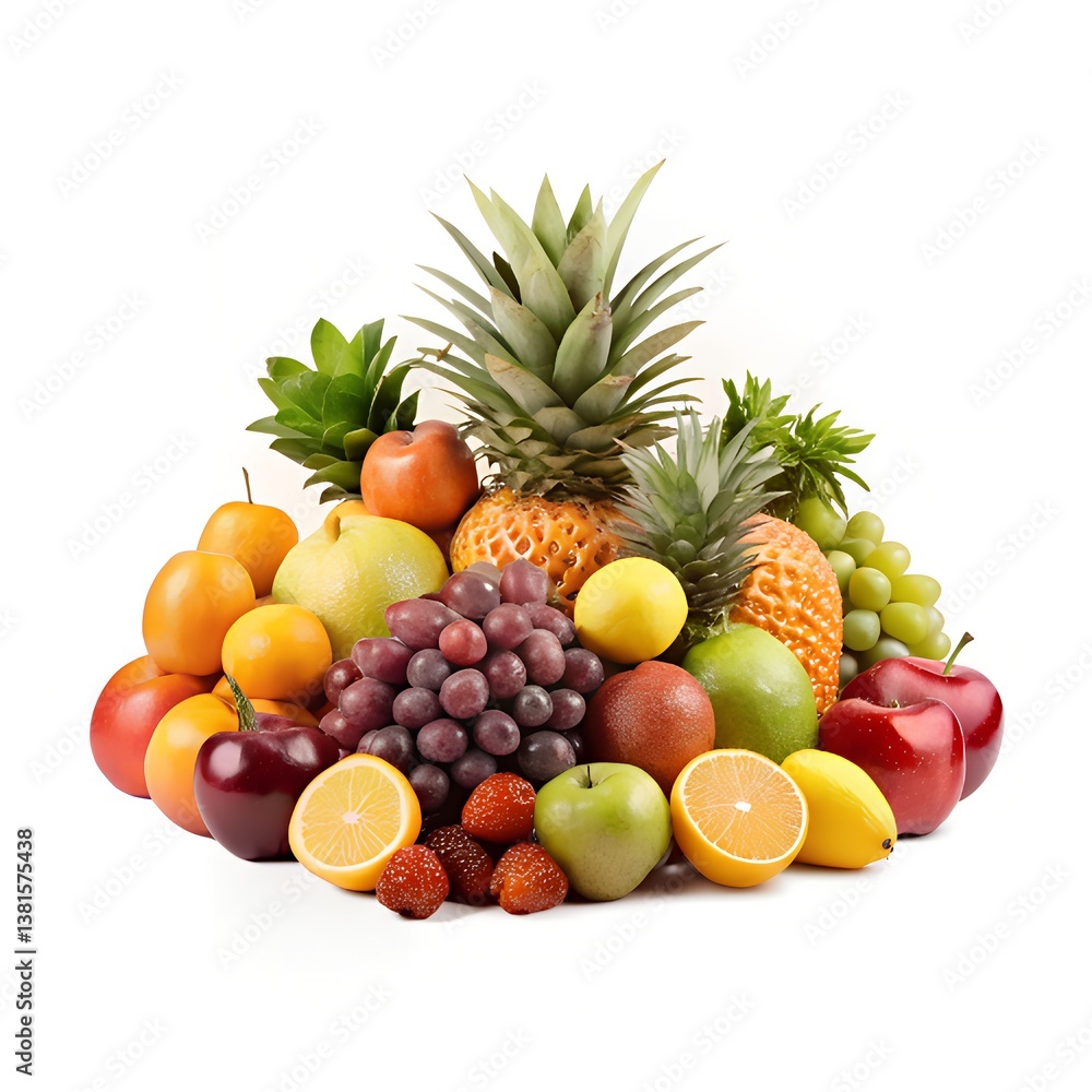 High-quality image of a fresh and vibrant assortment of fruits, including apples, grapes, pineapple, oranges, and lemons High-quality image of a fresh and vibrant assortment of fruits, including apples, grapes, pineapple, oranges, and lemons