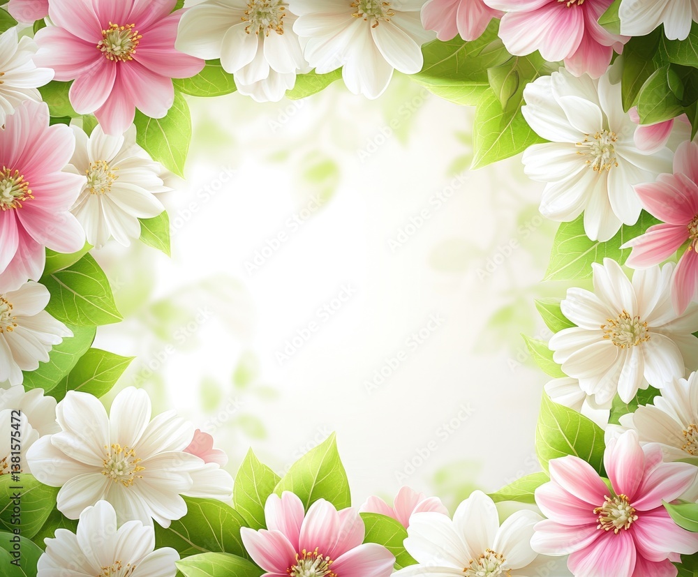 Floral Frame with Pink and White Flowers on Soft Background Floral Frame with Pink and White Flowers on Soft Background
