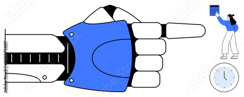 Robotic hand pointing, woman reviewing data on a clipboard, clock indicating time management. Ideal for innovation, technology, productivity, precision, automation, goal setting and research in