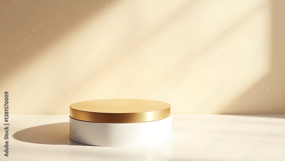 Luxury Display Podium: Glossy White & Gold Cylinder with Natural Sun Glow Luxury Display Podium: Glossy White & Gold Cylinder with Natural Sun Glow