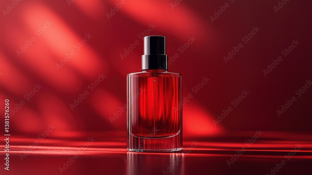 Elegant red glass perfume bottle illuminated against a deep red backdrop showcasing timeless design and luxury appeal Elegant red glass perfume bottle illuminated against a deep red backdrop showcasing timeless design and luxury appeal