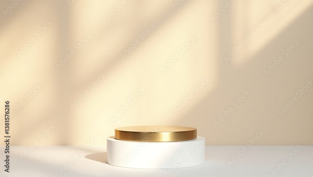 Luxury Display Podium: Glossy White & Gold Cylinder with Natural Sun Glow Luxury Display Podium: Glossy White & Gold Cylinder with Natural Sun Glow