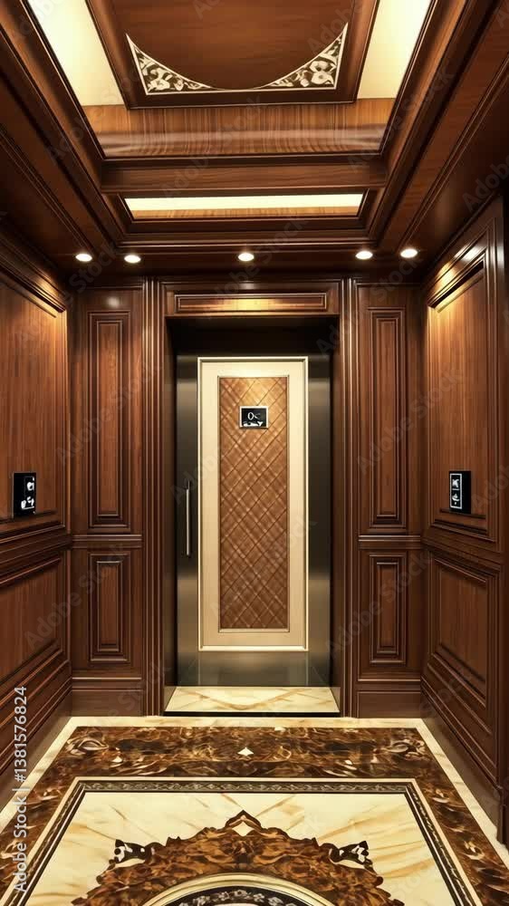 Luxurious elevator interior with wooden panels and ornate details in an upscale building during the day Luxurious elevator interior with wooden panels and ornate details in an upscale building during the day