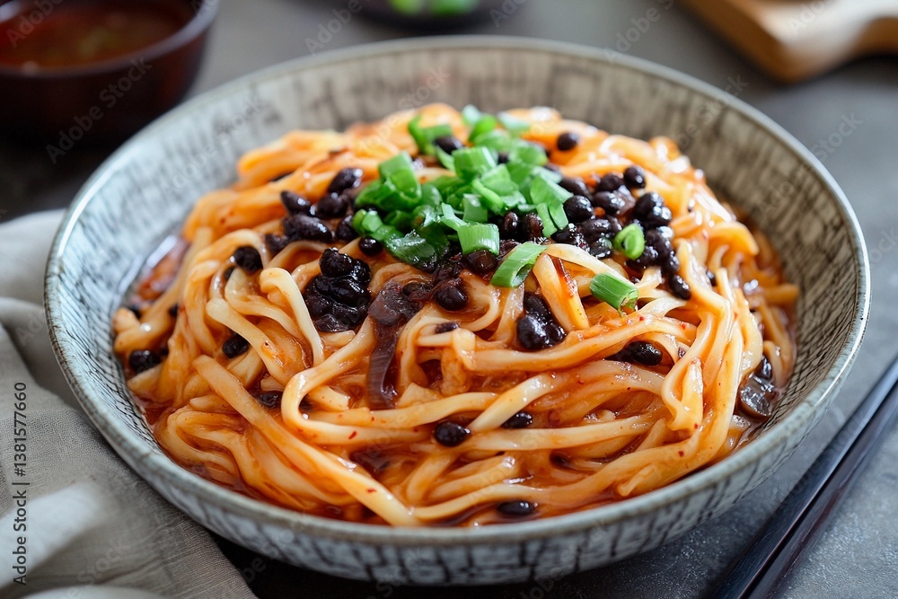 A bowl filled with tender noodles tossed in a vibrant sauce topped with black beans and freshly chopped green onions. Ideal for a flavorful meal A bowl filled with tender noodles tossed in a vibrant sauce topped with black beans and freshly chopped green onions. Ideal for a flavorful meal