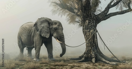 3D realistic style, large elephant standing by a tree with a thin rope tied around its legs