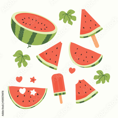 A fun, modern illustration of watermelon slices, leaves, and a popsicle in a flat, minimalistic style. Perfect for summer designs, social media, packaging, textiles, and digital prints.