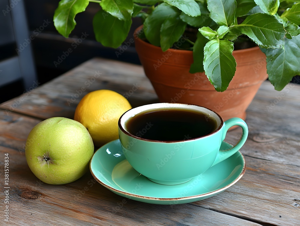Green Tea Cup with Apple Lemon on Wooden Table Green Tea Cup with Apple Lemon on Wooden Table
