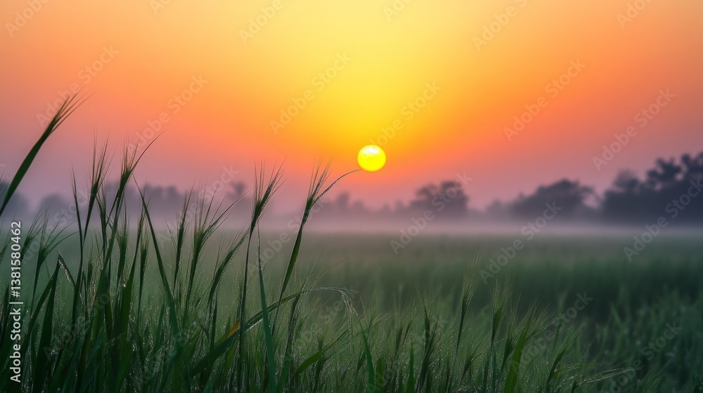 Dewy grass in the fields of Punjab, soft morning mist, and a stunning sunrise generative ai Dewy grass in the fields of Punjab, soft morning mist, and a stunning sunrise generative ai