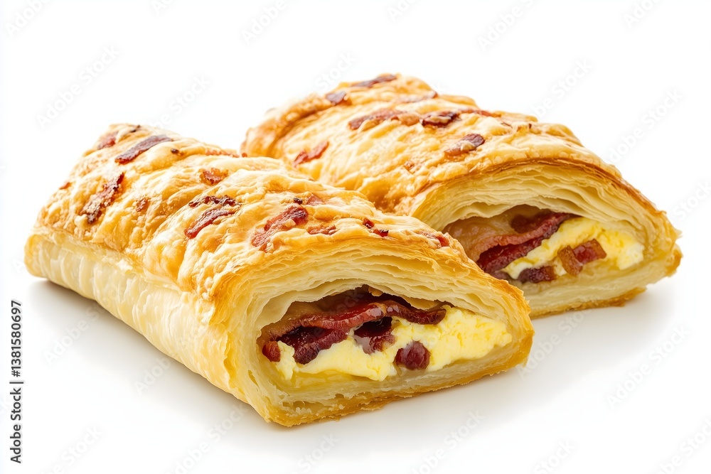 Two breakfast puff pastries with egg, bacon and cheese isolated on a white background Two breakfast puff pastries with egg, bacon and cheese isolated on a white background