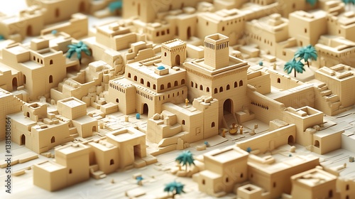 Arid desert city landscape, geometric block structures, sandy architectural town