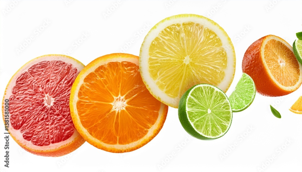 mix of falling orange grapefruit lime and lemon slices isolated on white background mix of falling orange grapefruit lime and lemon slices isolated on white background