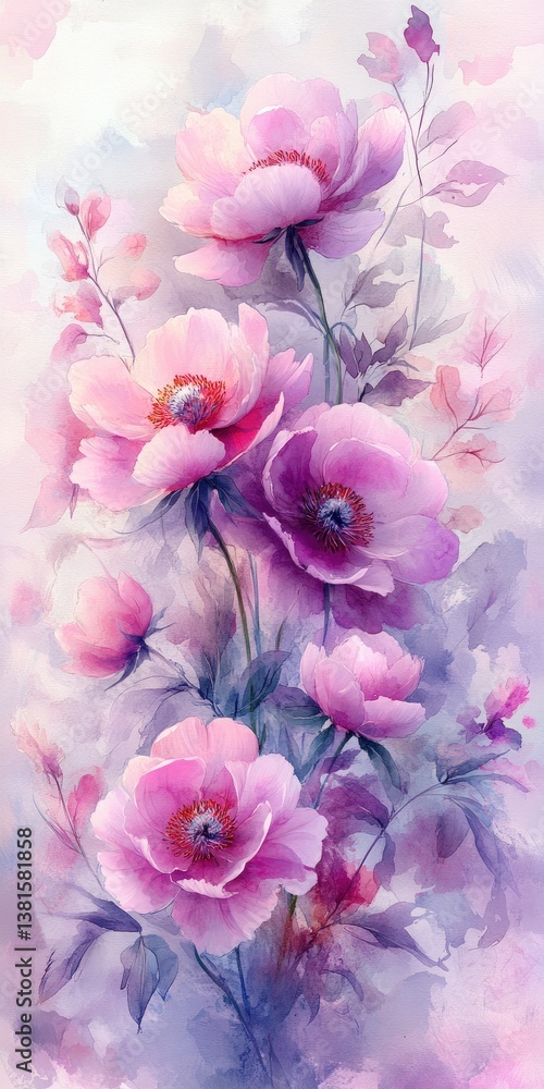 Obraz premium Watercolor Peony Flowers in Soft Shades of Pink and Purple 