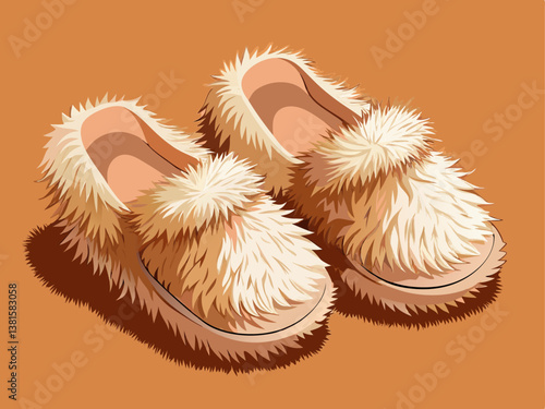A detailed vector of a pair of fluffy bedroom slippers in warm beige, set against a soft muted peach background.