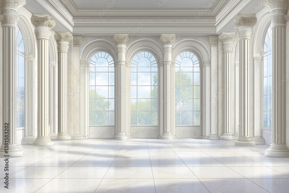 Obraz premium White grand hall with large windows in palace or castle, surrounded by lush greenery