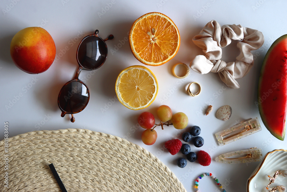 Straw hat, sunglasses, seasonal fruit, seashells and colorful accessories on white backgrounds. Cute summer essentials. Flat lay.