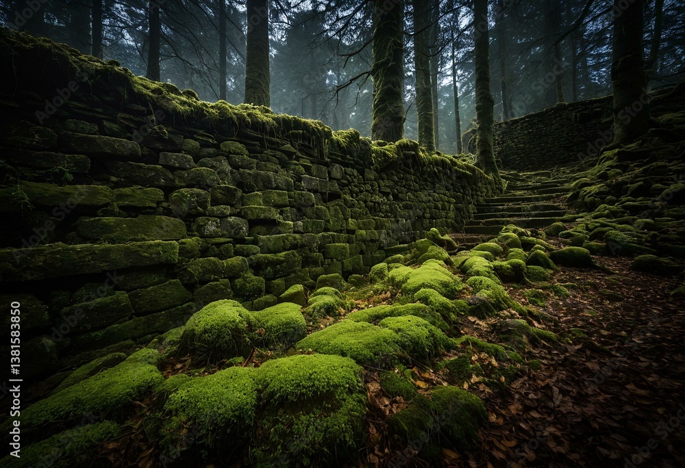 Fototapeta premium A stone wall covered in green moss in a forest.