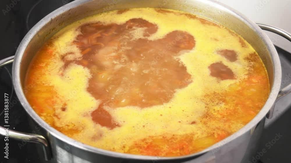 A hearty homemade soup boils intensely in a large pot, releasing rich colors and flavors in a cozy kitchen setting. A hearty homemade soup boils intensely in a large pot, releasing rich colors and flavors in a cozy kitchen setting.