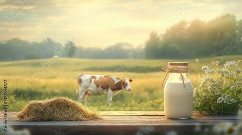 Milk and hay on a wooden table and a cow grazing in a meadow. Milk Day banner with copy space	