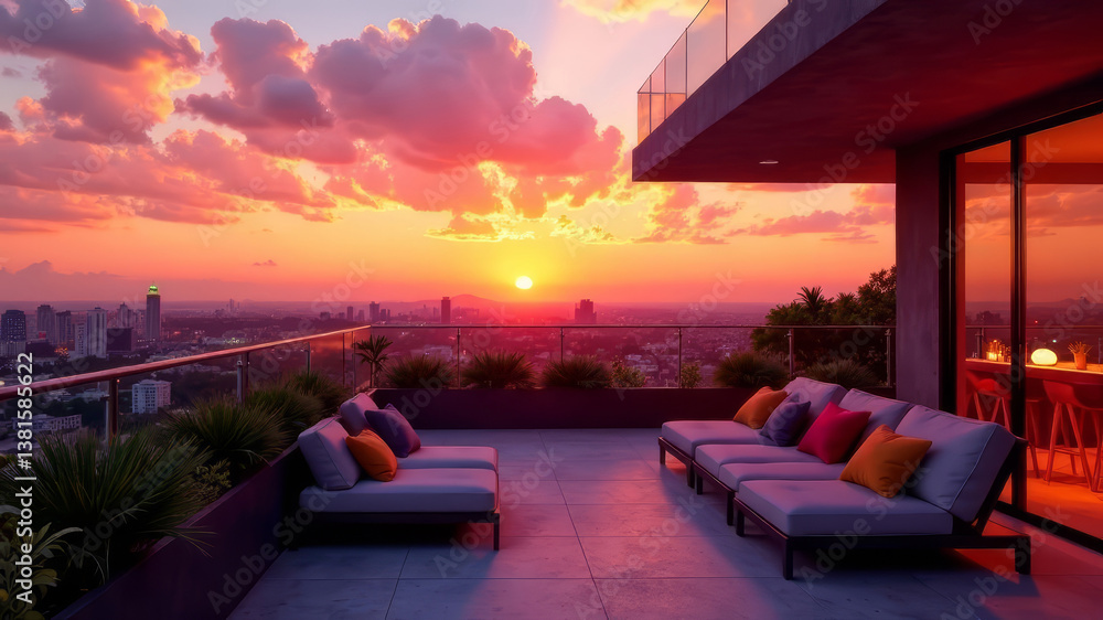 Fototapeta premium A modern hotel terrace overlooking a vibrant sunset, with comfortable seating and colorful cushions. The warm hues of the sky create a romantic atmosphere, copy space