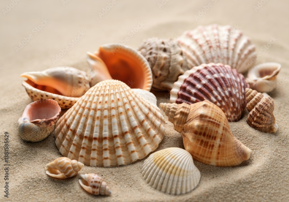 A collection of beautiful seashells arranged on soft sand A collection of beautiful seashells arranged on soft sand