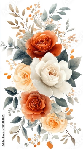 Watercolor Roses in Soft Orange and White Floral Arrangement  
