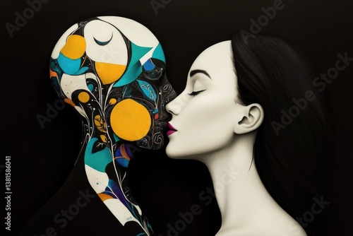 Surreal woman kissing artful abstract figure in vibrant contrast