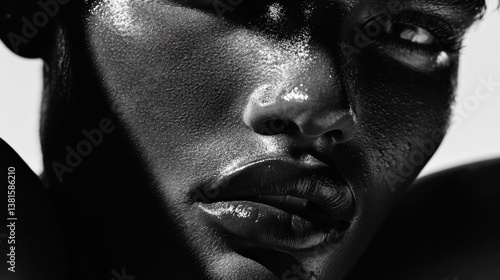 A striking close-up portrait featuring a dark-skinned model with an artistic gloss, capturing the essence of beauty, contrast, and modern artistic expression.