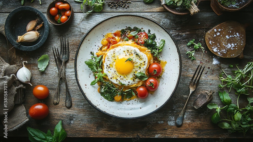 Rustic overhead shot of a vibrant breakfast plate. Rustic overhead shot of a vibrant breakfast plate.