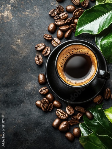 Dark espresso coffee in a black cup, surrounded by coffee beans and leaves on a dark background