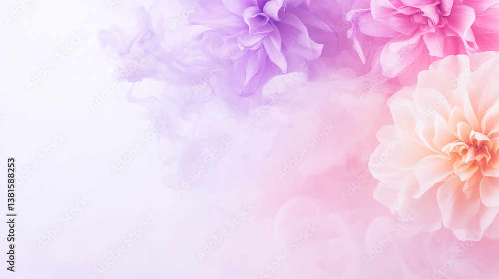 Elegant gradient pastel flowers with colored smoke clouds on white background, modern artistic botanical composition Elegant gradient pastel flowers with colored smoke clouds on white background, modern artistic botanical composition