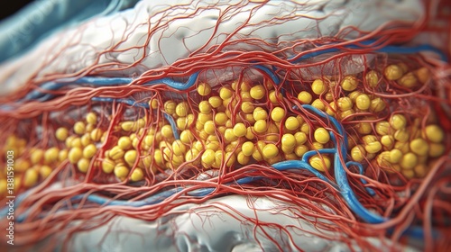 An intricate 3D visualization of lipid structures intertwined with blood vessels, showcasing the complex interaction of biological components within the human body.