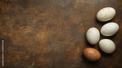 Spotted eggs arranged on a rustic brown surface