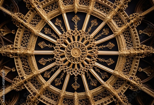 A gold and black ceiling with a circular design.