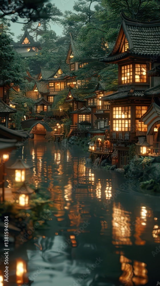 A serene riverside village at twilight, illuminated by warm lights and surrounded by nature. A serene riverside village at twilight, illuminated by warm lights and surrounded by nature.