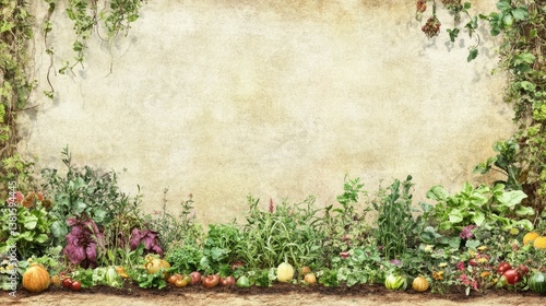 Rustic garden wall, vibrant plants, fresh produce