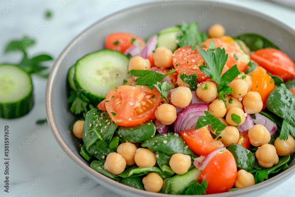 Freshly prepared salad features vibrant tomatoes, cucumber slices, red onion, chickpeas, and spinach, garnished with parsley, ideal for a healthy meal Freshly prepared salad features vibrant tomatoes, cucumber slices, red onion, chickpeas, and spinach, garnished with parsley, ideal for a healthy meal