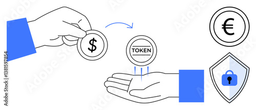 Hands exchanging coins with dollar and token symbols, euro coin, and shield with lock. Ideal for finance, cryptocurrency, investment, security, digital transactions fintech blockchain. Minimalist