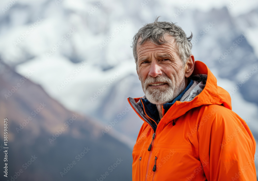 Elderly man in an orange jacket against a snowy mountain backdrop Elderly man in an orange jacket against a snowy mountain backdrop