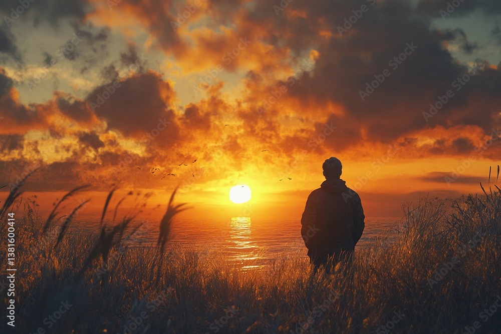 Fototapeta premium Man watching a sunset after a long day
