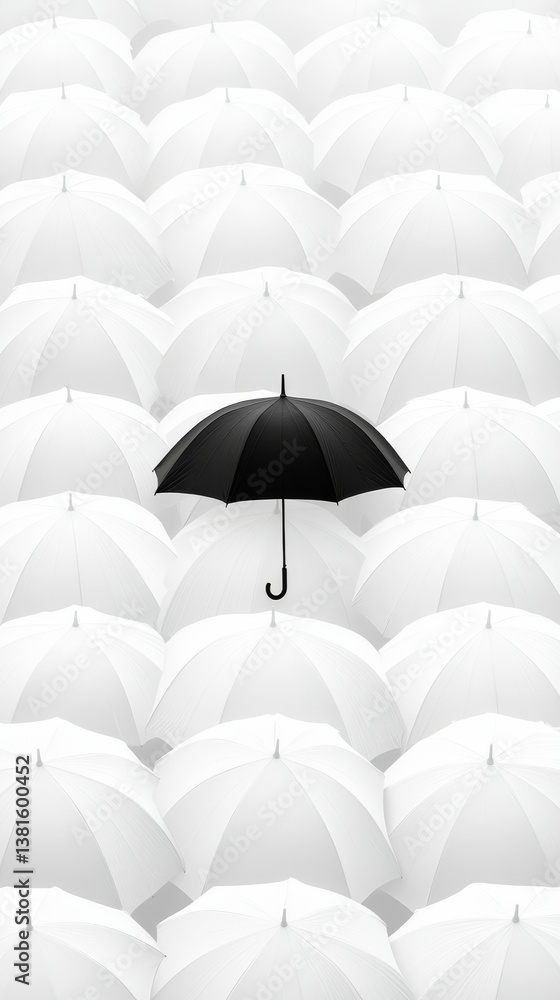 Obraz premium A solitary black umbrella is positioned amidst countless white umbrellas, creating a striking visual contrast in a serene setting