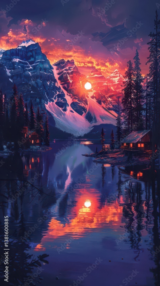 A serene sunset over a mountain lake, reflecting vibrant colors and cozy cabins. A serene sunset over a mountain lake, reflecting vibrant colors and cozy cabins.
