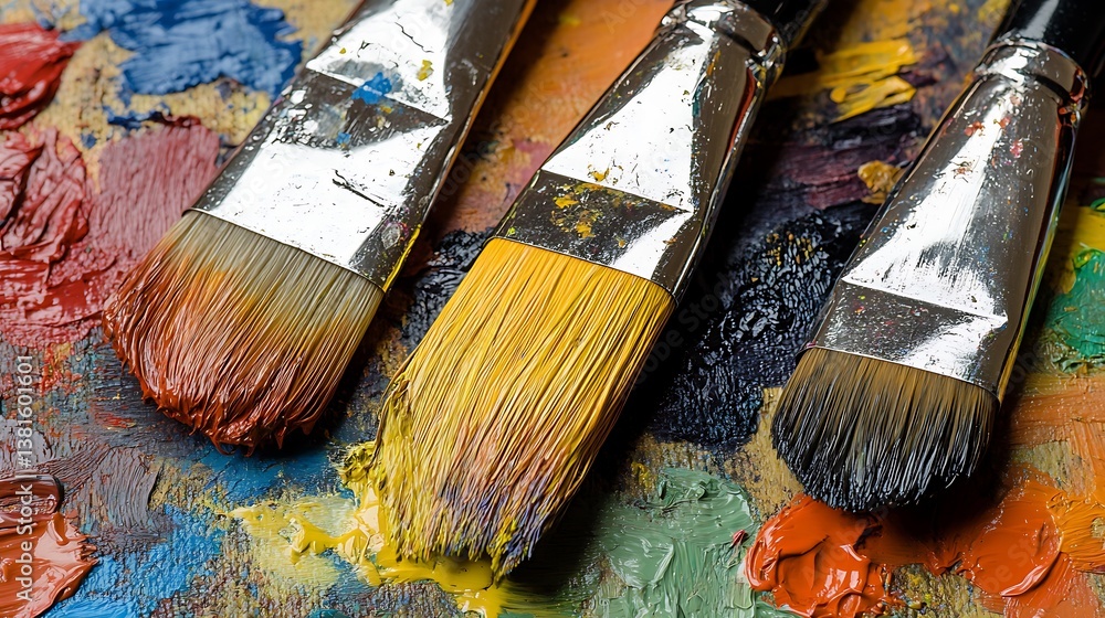 Fototapeta premium Artistic Paintbrushes Rest Upon A Colorful Mixture of Wet Paints