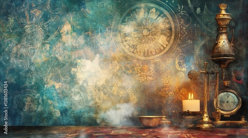 Antique steampunk laboratory scene with smoke and glowing candle