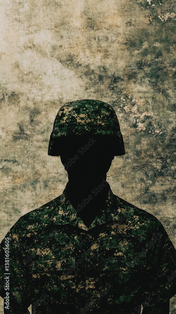 Fototapeta premium Silhouetted soldier in camouflage uniform