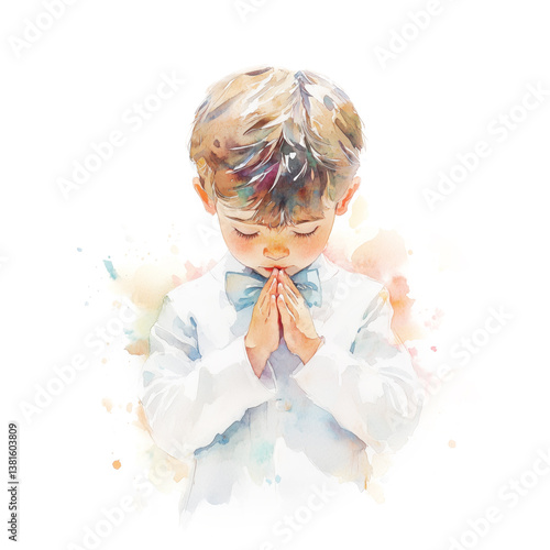 Young Boy Praying at First Holy Communion Watercolor Portrait Isolated on White Background
