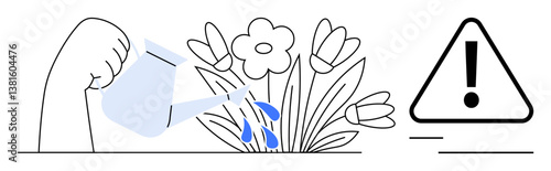 Hand pouring water onto blooming flowers with water droplets falling, accompanied by an exclamation mark warning sign. Ideal for growth, care, responsibility, balance, caution, environment, warning