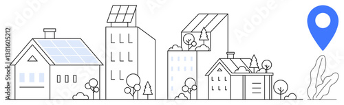 Residential houses and modern urban buildings with solar panels, trees, and location pin. Ideal for energy efficiency, eco-friendly living, city planning, renewable energy, GPS navigation