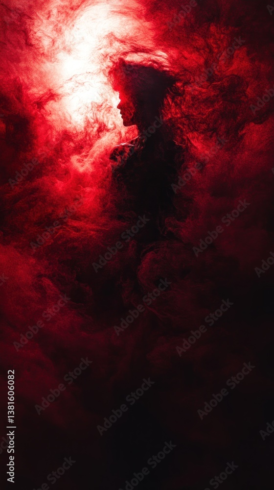 Crimson Silhouette, A Mystical Figure Emerging from a Fiery Mist Crimson Silhouette, A Mystical Figure Emerging from a Fiery Mist