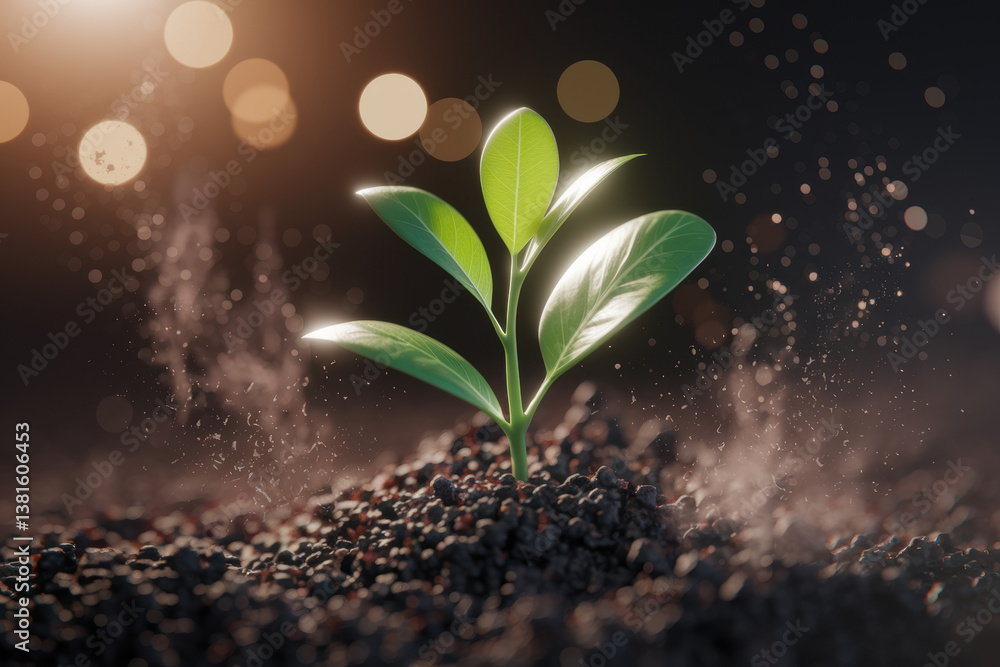 Resilient Seedling Emerging from Dark Soil with Sparkling Water Droplets in a Glimmering Ambient Light Resilient Seedling Emerging from Dark Soil with Sparkling Water Droplets in a Glimmering Ambient Light