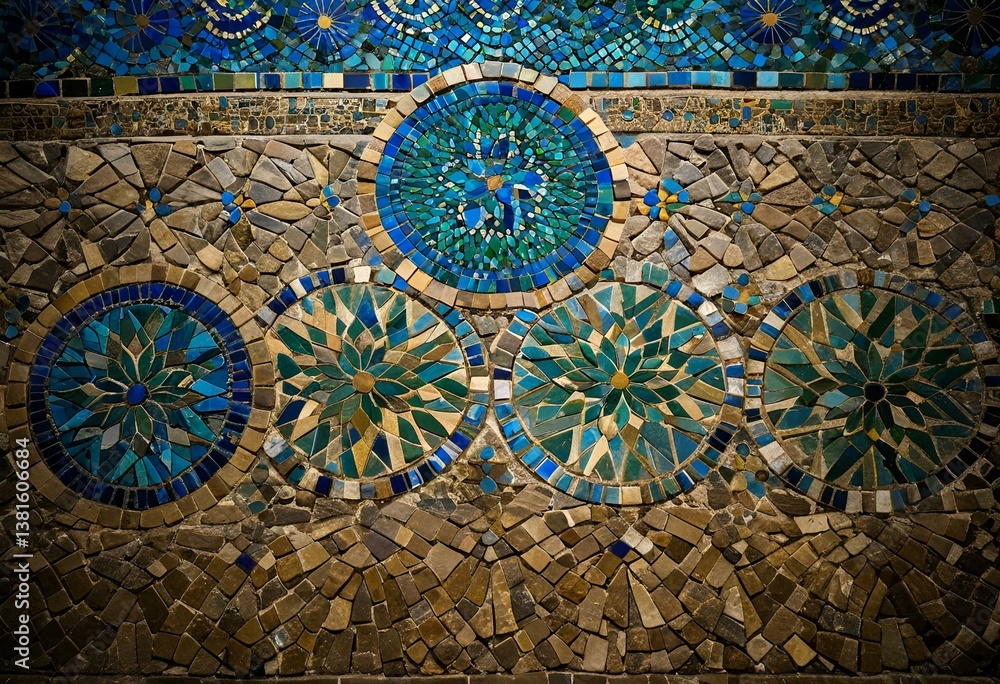 Fototapeta premium A close up of a blue and gold mosaic floor.